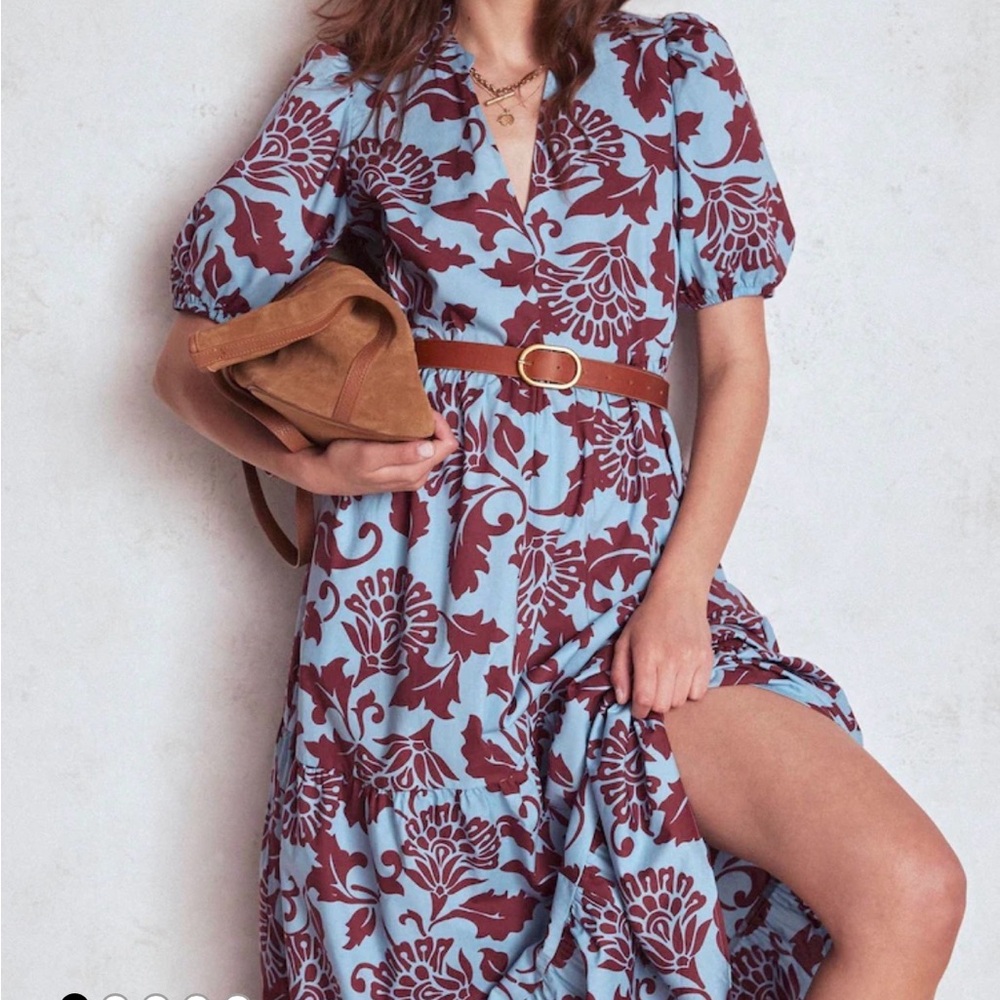 Boden dress NWT 10 Christabel cotton Dress Light Blue and Burgundy Midi Dress - Picture 3 of 13